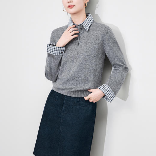 「高货wl」全新升级【铂金会员257/天猫349/差价92】(23048)洛诗琳美丽诺羊毛衫2025秋冬格子拼接假两件针织上衣女 商品图0