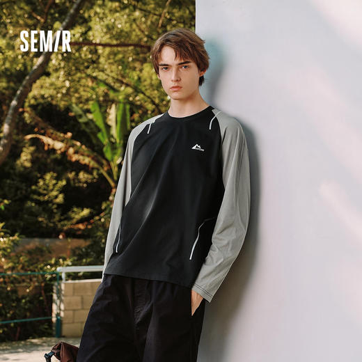 森马长袖T恤男冬季拼色运动打底t恤宽松2025新款时尚户外印花上衣 商品图1