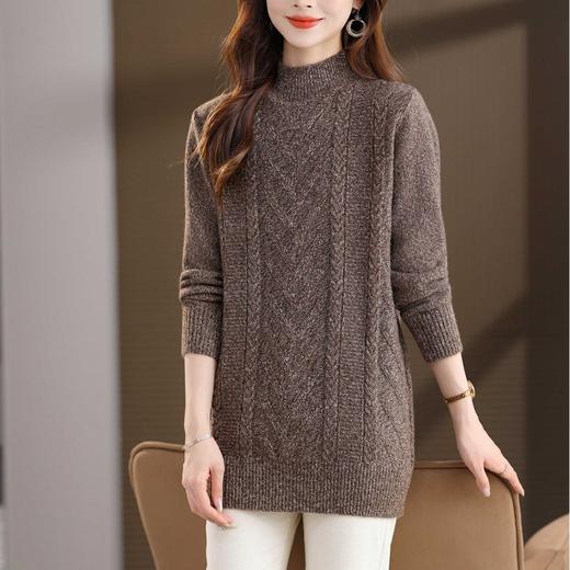 CC半高领中长款毛衣女秋冬季卡其色麻花针织衫宽松显瘦百搭打底毛衣 商品图3
