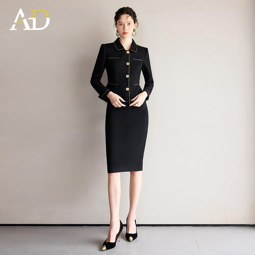 AD正式场合职业套装女名媛小香风西装套裙金色镶边短外套显瘦正装 商品图3