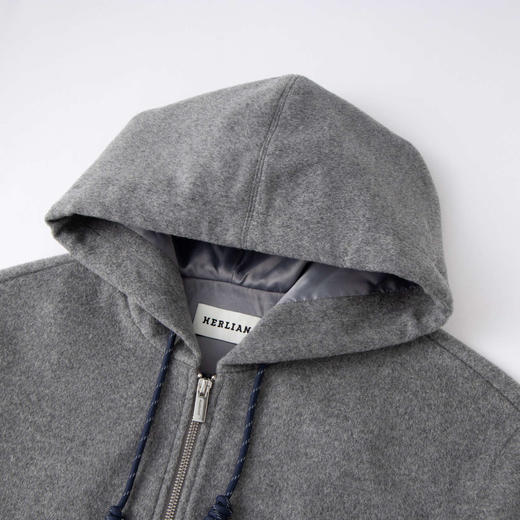 HERLIAN 2025秋冬新品女士绵羊毛呢子格纹拼色抽绳连帽外套 商品图2