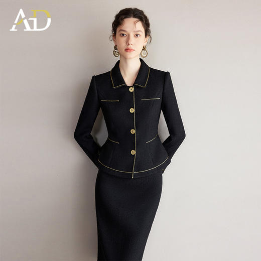 AD正式场合职业套装女名媛小香风西装套裙金色镶边短外套显瘦正装 商品图0