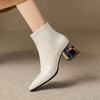 【预售5天】柔软漆皮白色春秋短靴女粗跟时尚尖头显瘦冬季水钻高跟马丁靴DSFG&1567 商品缩略图0