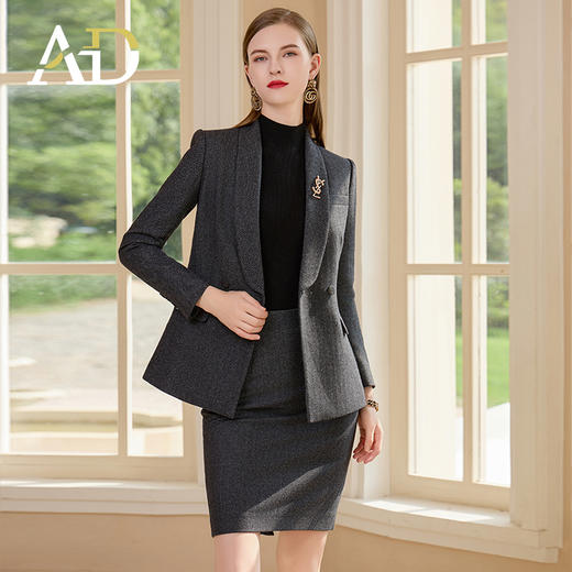 AD冬季新款西装女老钱风人字纹青果领西服外套加厚羊毛职业装套裙 商品图2