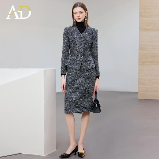 AD花灰色V领羊毛呢外套女2025秋冬短款粗花呢两件套高端职场包裙 商品图0