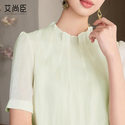 艾尚臣绿色衬衫女高级感夏季短袖薄款上衣休闲轻奢洋气花边领小衫 商品图2