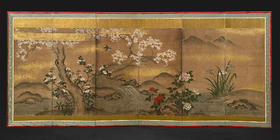 独角鹿西洋古董19世纪日本江户时代出品「东方花鸟山水」主题金地纸本设色六曲屏风