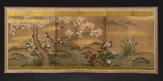 独角鹿西洋古董19世纪日本江户时代出品「东方花鸟山水」主题金地纸本设色六曲屏风 商品图0