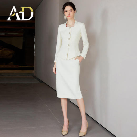 AD富家千金感穿搭套装米白色亮丝混纺小香风正装套装气质职业装冬 商品图2