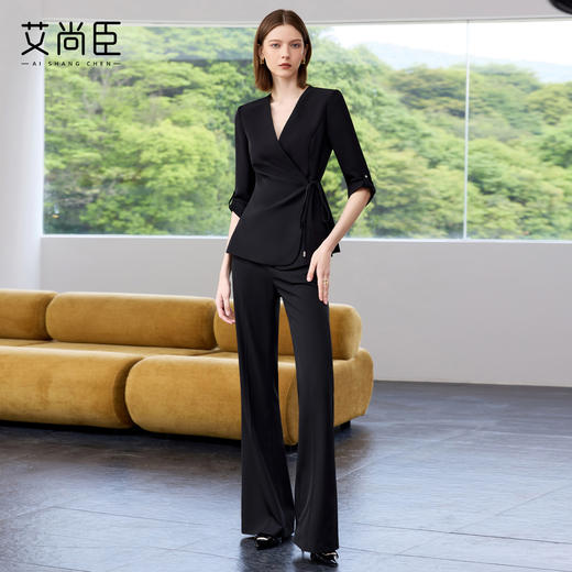 艾尚臣黑色西装套装女2025夏新款七分袖系带职业西服微喇裤两件套 商品图4