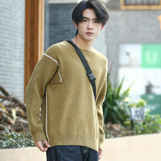 DRONKOO 2025 圆领肩袖撞色边两侧反边粗针微阔厚毛衣 商品图2