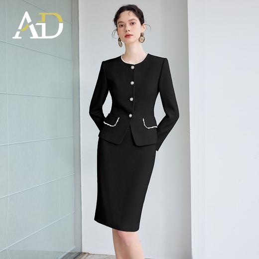 AD法式通勤西装套装女高级感珍珠圆领长袖外套黑色职业装正装半裙 商品图1