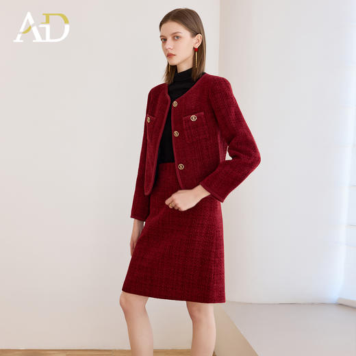 AD法式肌理感红色小香风套装裙女秋冬时尚金属扣气质名媛外套约会 商品图2