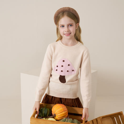 mettekids儿童100%羊绒衫2025秋冬女童可爱蘑菇针织圆领套头毛衣 商品图3