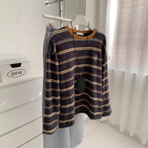 复古条纹刺绣加厚磨毛T恤！2025女松弛感慵懒显瘦保暖秋冬仿兔绒打底衫！ 商品图1