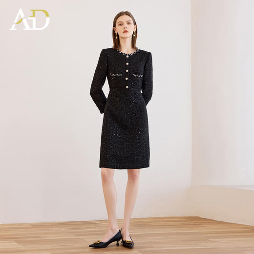 AD重工编织黑色小香风连衣裙女小个子高级感精致细闪名媛长袖裙子 商品图2