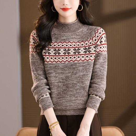 CC半高领雪花提花针织衫女秋冬季2025年复古酒红色显瘦套头打底毛衣 商品图2