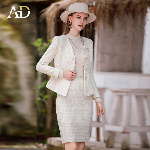 AD时尚贵气小香风套装裙女秋冬新款重工编织羊毛外套粗花呢两件套 商品图2