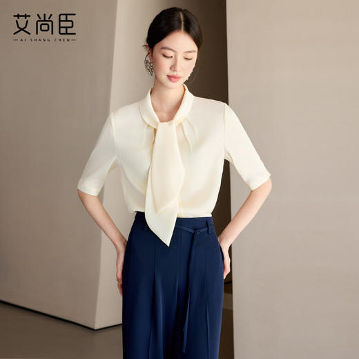 艾尚臣高级感雪纺衬衫女夏季短袖衬衣通勤百搭夏季小香风杏色上衣 商品图3