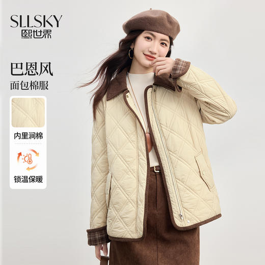 【年货节】熙世界巴恩风翻领菱格棉服外套女2025年新款冬季通勤休闲保暖棉衣 商品图0