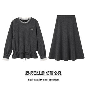 奢姿大码女装2025冬季蕾丝花边减龄两件套胖妹妹蝴蝶结半松紧套装9954953818AB