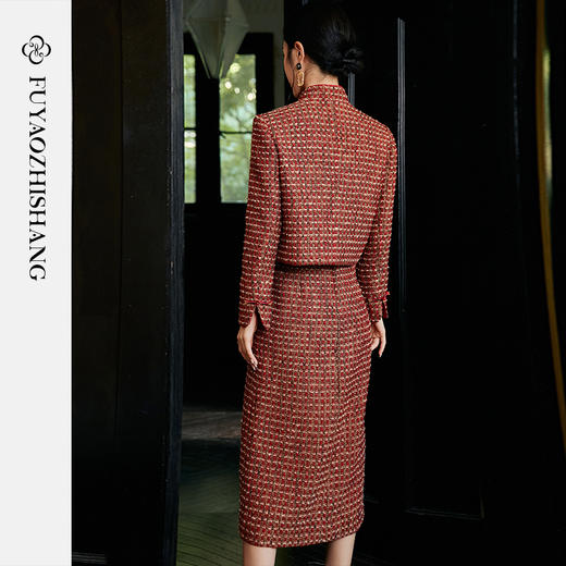 FUYAO扶摇 轻奢重工外套开叉半身裙红色小香风粗花呢编织羊毛套装 商品图4