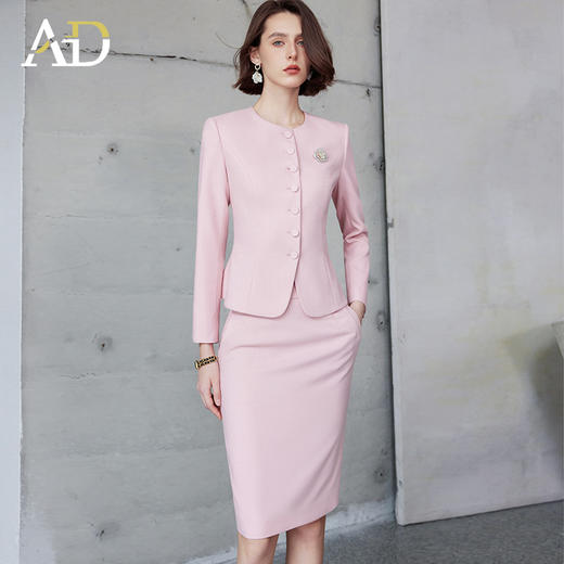 AD粉色小香风套装2024爆款圆领知性两件套上镜主持人正装工作服秋 商品图3