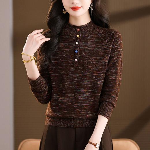 CC撞色彩扣酒红亮丝半高领针织衫女秋冬菱形提花单排扣修身内搭毛衣 商品图1