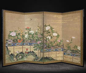 独角鹿西洋古董1603-1868年代日本江户时代出品「富贵牡丹」主题金地纸本设色四曲屏风