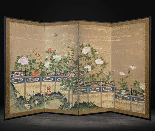 独角鹿西洋古董1603-1868年代日本江户时代出品「富贵牡丹」主题金地纸本设色四曲屏风 商品图0
