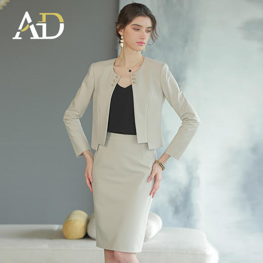 AD法式轻熟风两件套女米色短款圆领西装外套御姐范职业正装套装裙 商品图2