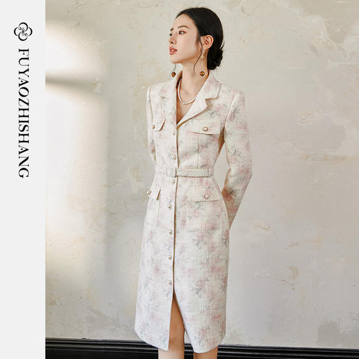 FUYAO扶摇 羊毛粗花呢连衣裙女复古长袖厚款中长裙轻奢小香风裙子 商品图0