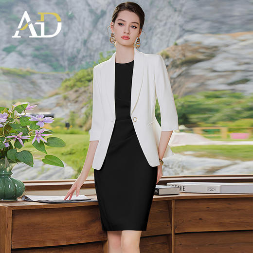 AD秋季职场两件套女2023新款职业装七分袖白色西装无袖背心连衣裙 商品图2