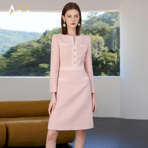 AD秋冬季厚款连衣裙女2025新款粉色雪尼尔拼色长袖A字裙优雅气质 商品图1