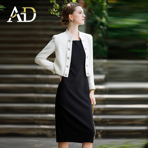 AD白色银丝粗花呢小香风外套女短款上衣时尚名媛两件套连衣裙套装 商品图3