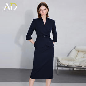 AD职场女装套装2025新款藏青色无领西装套装高级感职业装两件套裙