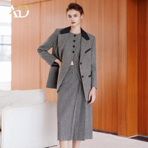 AD灰色格纹肌理感西装三件套女2025新款秋冬羊毛小香风外套半身裙 商品图4
