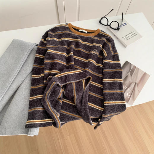 复古条纹刺绣加厚磨毛T恤！2025女松弛感慵懒显瘦保暖秋冬仿兔绒打底衫！ 商品图4