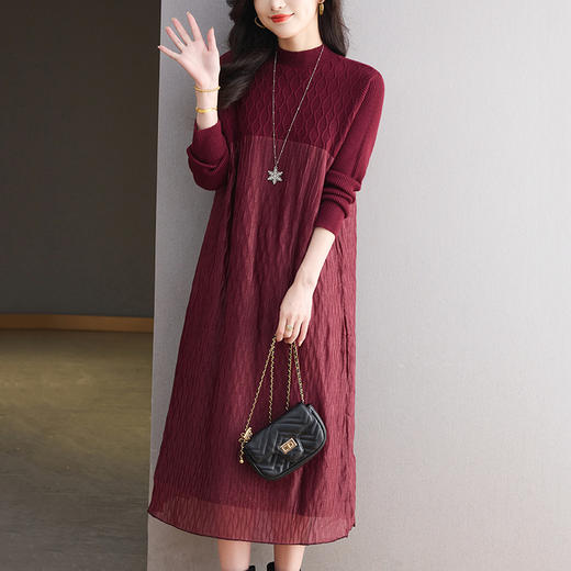 CC网纱拼接连衣裙秋冬高级感气质显瘦毛衣裙长款过膝配大衣内搭裙子 商品图1