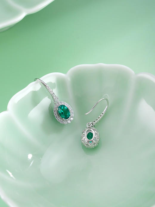 子佩集【翠御玲珑】S925银耳环【EM3085-1-XF】培育宝石祖母绿椭圆耳钩2510 商品图3