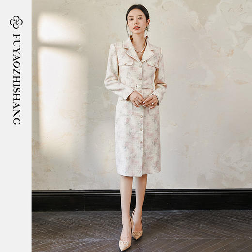 FUYAO扶摇 羊毛粗花呢连衣裙女复古长袖厚款中长裙轻奢小香风裙子 商品图3