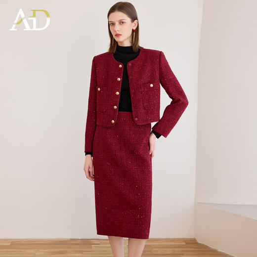 AD金丝名媛范两件套女2025冬季新款红色小香风外套圣诞新年套装裙 商品图0