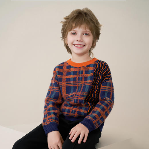 mettekids儿童100%羊绒衫2025秋冬男童撞色提花加厚针织套头毛衣 商品图2