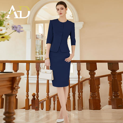 AD藏青色工作服女2024新款职业装两件套单排扣中袖西装售楼部工装 商品图2
