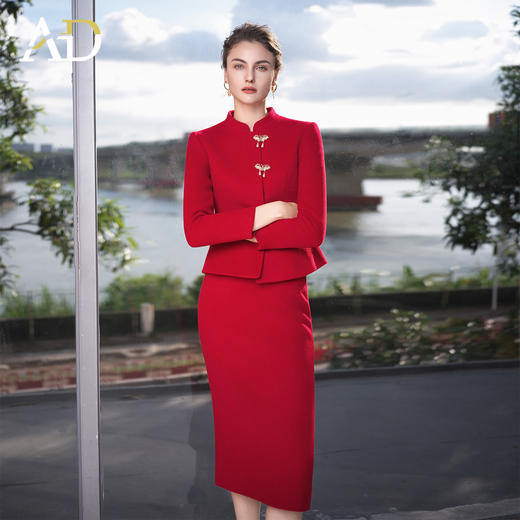 AD时尚套装裙女羊毛秋冬2025年新款优雅修身新中式婚宴装两件套裙 商品图0