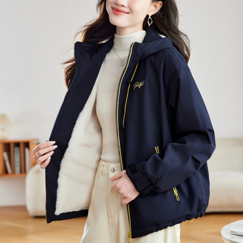 半身缘女装 冬季下摆松紧绳连帽加绒加厚派克服夹克254113P01340142
