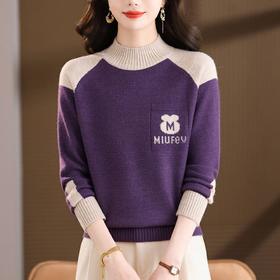 CC2025秋冬拼色半高领毛衣女卡通字母口袋针织衫显瘦长袖内搭打底衫