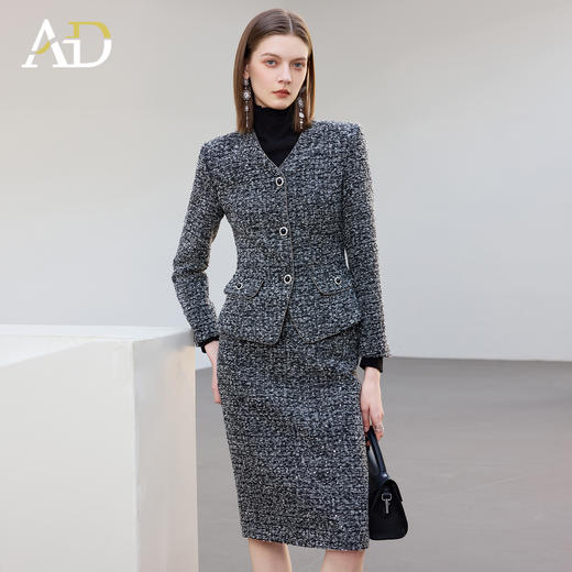 AD花灰色V领羊毛呢外套女2025秋冬短款粗花呢两件套高端职场包裙 商品图1
