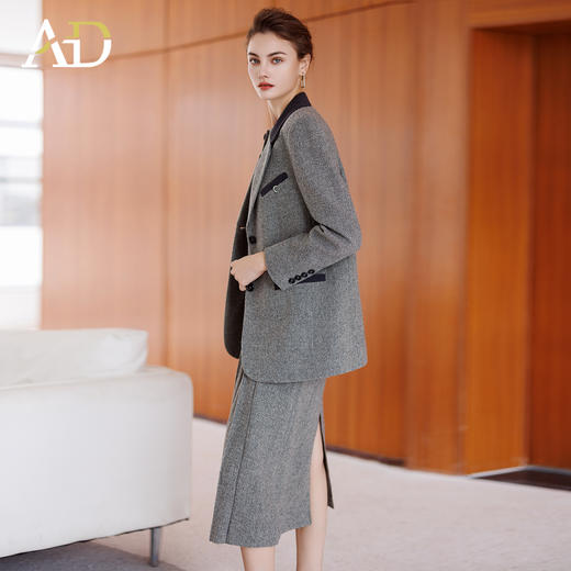AD灰色格纹肌理感西装三件套女2025新款秋冬羊毛小香风外套半身裙 商品图3
