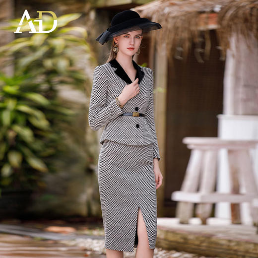 AD丝绒黑白格纹小香风套装裙秋冬2024新款名媛范两件套开叉半身裙 商品图0